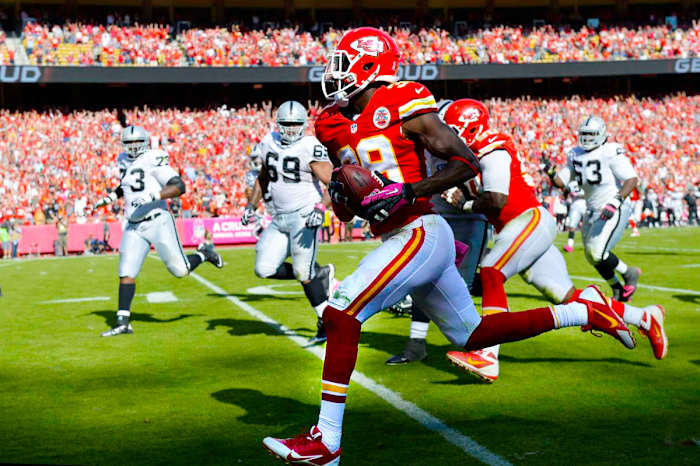 Husain Abdullah, with the Chiefs, making the Raiders pay in 2013.